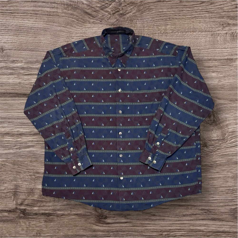 Jhane Barnes XL Blue Red Nautical Boat Geometric Button Down Vintage Shirt